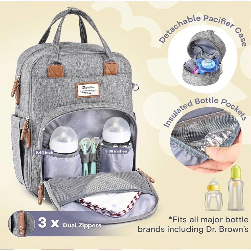 NEW Gray Ruvalino Large Lightweight Backpack Diaper Bag - Picture 4 of 6